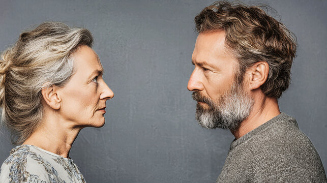 Middle aged couple in conflict sharing a tense moment against a gray backdrop with space for text