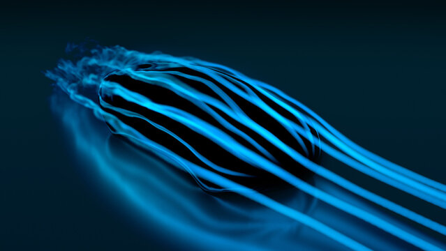 A dark black silhouette of a car inside a wind tunnel, surrounded by glowing blue airflow streamlines that wrap smoothly around its body