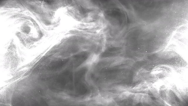 Swirling black smoke spreads left to right across a white frame, intensifies into intricate patterns, then fills the entire screen before turning fully black.