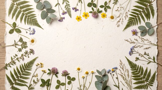 Pressed wildflowers on handmade paper, botanical herbarium frame with dried plants, rustic floral background for wedding invitations