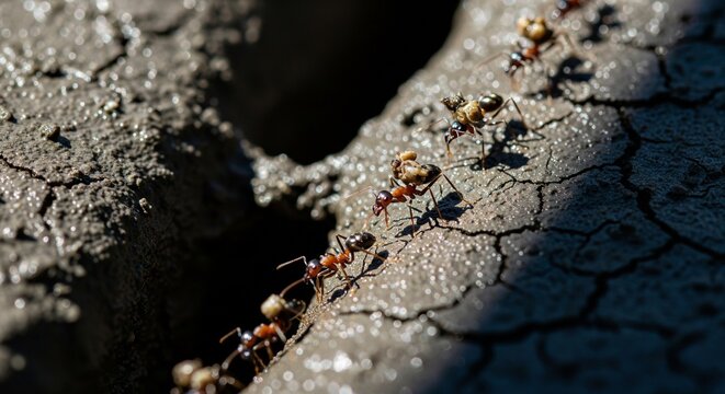 Macro shot of ants walking on cracked dry soil.