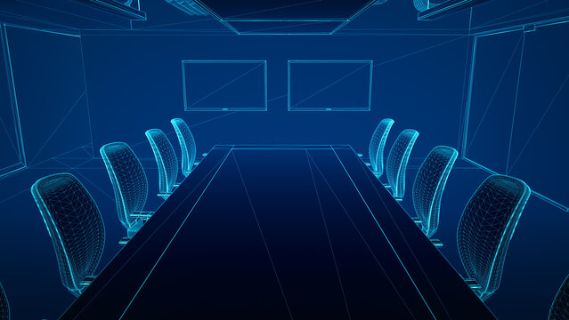 Meeting room with long table and chairs arranged in rows, walls with mounted screens, viewed from overhead perspective in blue wireframe style with glowing lines.