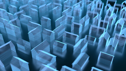 Fototapeta premium Blue wireframe houses arranged in a dense urban grid, viewed from an angled perspective. The structures are outlined with glowing cyan lines against a dark, reflective surface.