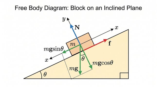 Physics diagram of block on inclined plane with forces labeled: gravity, normal, friction, and components along and perpendicular to slope.