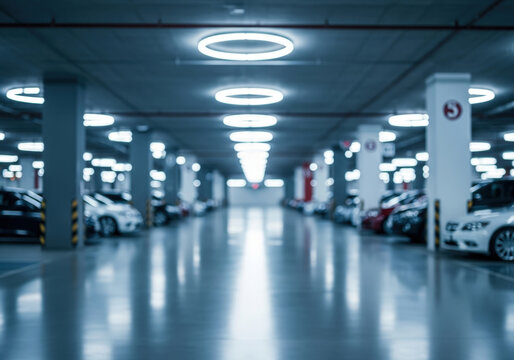 Blurred view of cars parked in an underground parking lot, modern concrete garage interior, empty and organized parking spaces.