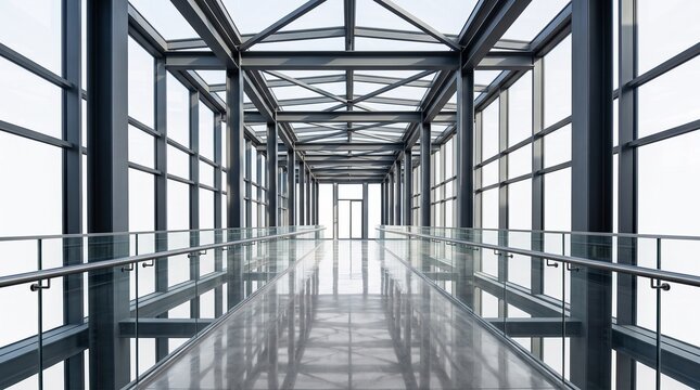 Modern architectural corridor with glass panels and steel beams, symmetrical walkway reflecting sky, perspective leading to vanishing point, geometric precision, contemporary clean design on white bac
