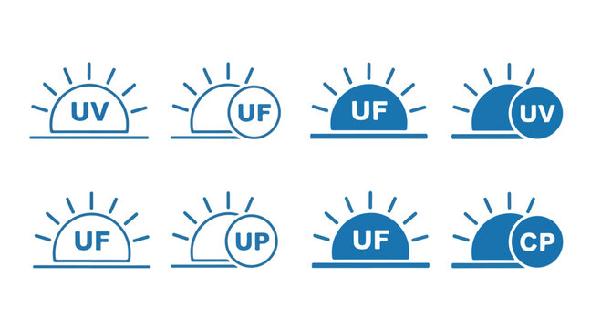 Set of Sun and Rays Icons: A collection of simple, clean graphic icons representing the sun with radiating rays, each accompanied by text labels such as UV, UF, UP, and CP.