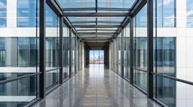 Modern architectural corridor with glass panels and steel beams, symmetrical walkway reflecting sky, perspective leading to vanishing point, geometric precision, contemporary clean design on white bac
