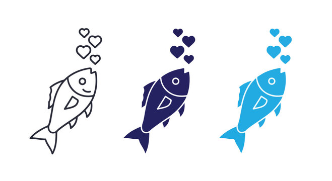Fish Hearts Icon Set: Three stylized fish icons, each blowing a stream of heart shapes, symbolizing love and affection in aquatic life.