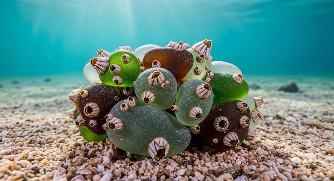 A pile of smooth green and brown sea glass pieces resting on a sandy seabed underwater, with tiny barnacles growing on them