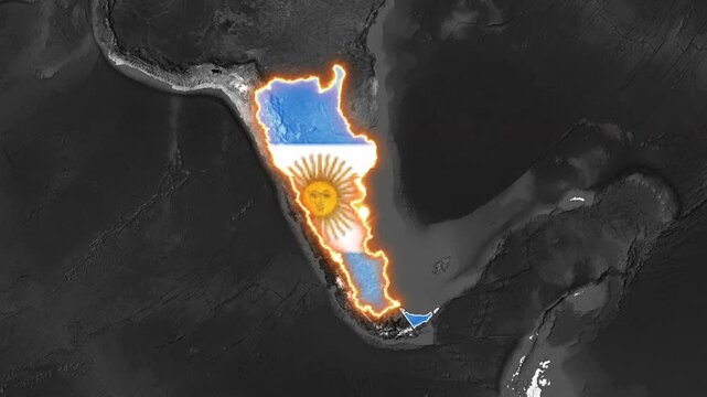 Argentina map highlighted with glowing neon borders on a dark textured satellite background in this dynamic motion video clip showing national boundaries and geography in a modern digital graphic anim