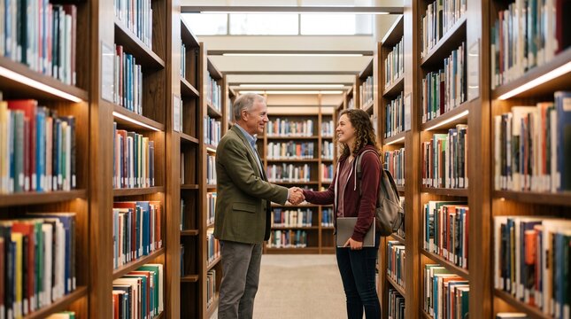 Teacher and Student Talking in University Library Aisle
