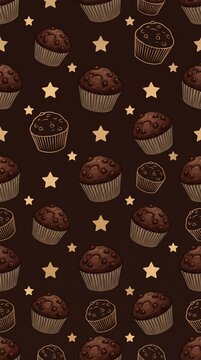 Chocolate muffin and star seamless pattern on dark espresso brown background