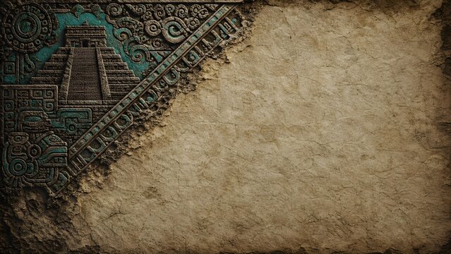 Ancient Aztec Pyramid Relief Background Carved into Weathered Volcanic Stone Corner Template