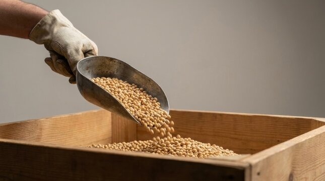 Worker pouring soybeans from a metal scoop into a wooden storage crate.
