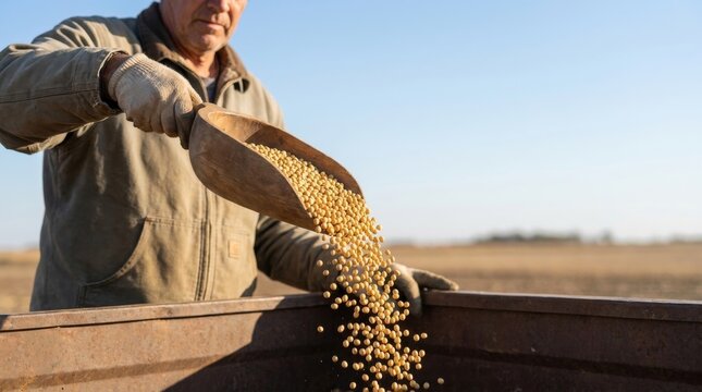 Senior farmer using a traditional wooden scoop to pour harvested yellow soybeans into a metal container in an open field under a clear sky