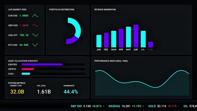 Futuristic Stock Market Dashboard with Animated Financial Graphs and Charts