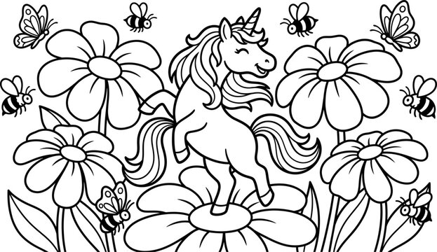 Fantasy unicorn dancing among giant flowers and bees coloring page for kids whimsical nature garden vector line art illustration drawing collection.