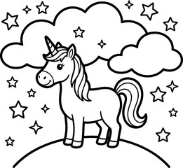 Fototapeta premium Cute unicorn standing on a hill surrounded by clouds and stars, whimsical fantasy scene coloring page outline.