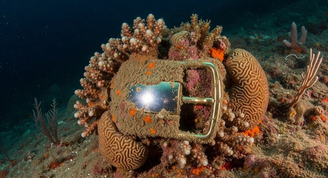 A discarded metal buckle completely encrusted and overgrown with hard corals and sea life on a dark ocean reef