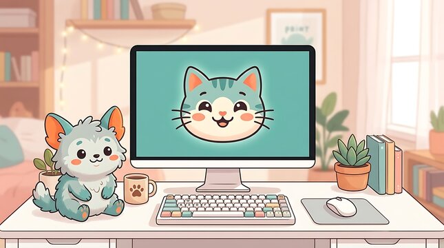 Cute cartoon cat on computer screen with furry friend at desk