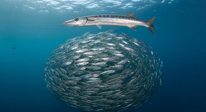 Silver barracuda fish swimming alone over a massive school of fish
