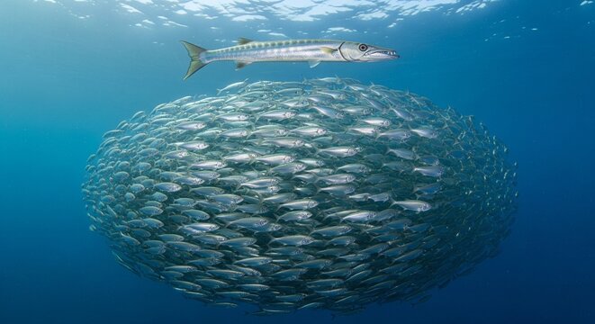 da fish swimming above a large ball school of fish