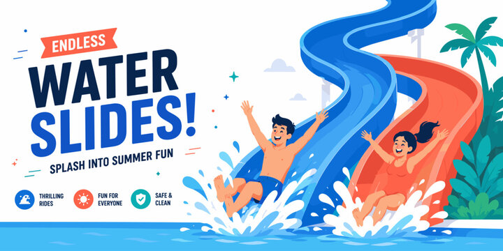 Endless Water Slides Summer Adventure with People Splashing into Swimming Pool
