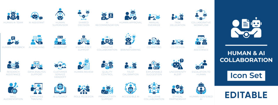 Human and AI collaboration vector icon set. Modern blue solid icons for artificial intelligence teamwork, human-in-the-loop, AI copilot, and augmented productivity