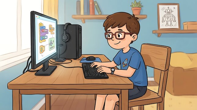 Boy programming on computer with coding software on screen