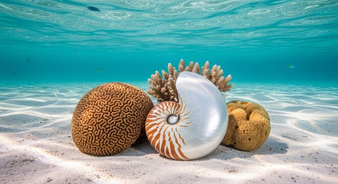 Nautilus shell and round corals on white sand underwater.