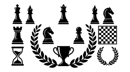 Chess Pieces and Trophy Symbolize Victory in a Game of Strategy and Competition Featuring Board, Pawn, Rook with Knight © MstFiroza