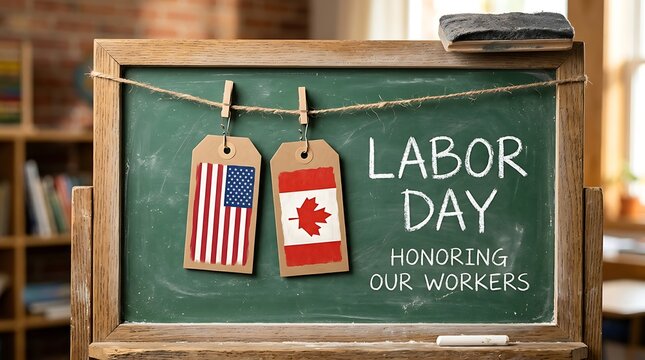 Labor day sign with american and canadian flags on chalkboard