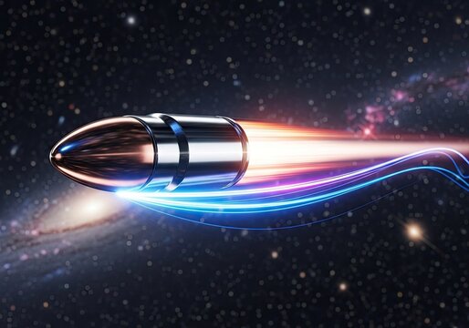 Bullet speeding through galaxy with blue light streaks.