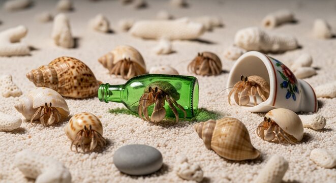Multiple small hermit crabs on a sandy beach with sea shells, pieces of white coral, a green glass bottle, and a tiny ceramic cup