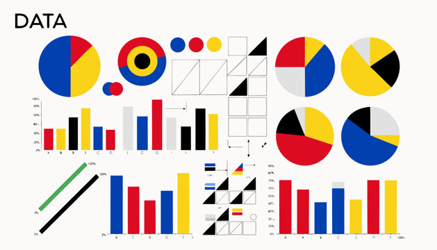 Bauhaus data infographic pie charts bar graphs primary colors