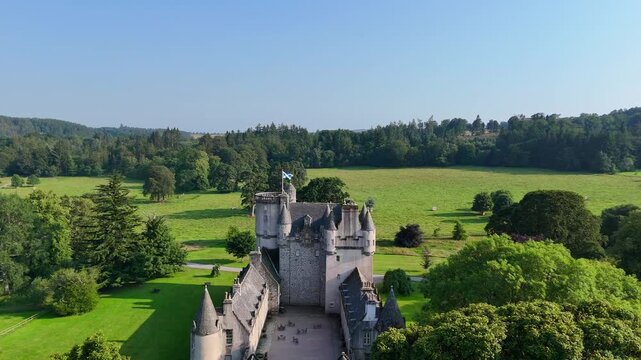 Aerial drone view of Castle Fraser 16th century historic fortress in Aberdeenshire ,  Scotland , United Kingdom