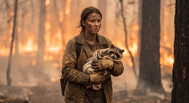 A young woman rescuing a young raccoon and carries it out of a burning forest.