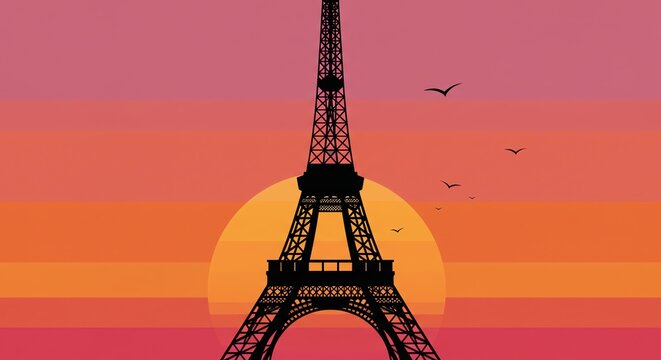 Stunning Eiffel Tower Silhouette Against A Vibrant Sunset In Paris