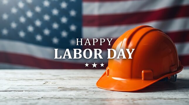 Orange hard hat for happy labor day with american flag
