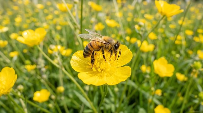 Honey bee collecting nectar on a yellow buttercup flower