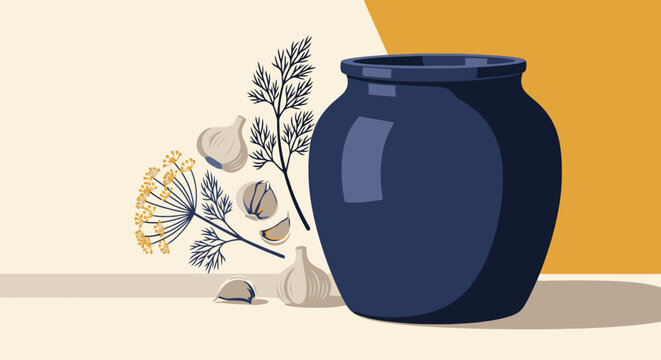 Blue ceramic jar with fresh dill and garlic cloves for food preparation