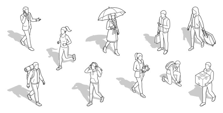 Isometric people line art figures | Diverse group walking and commuting in various poses for architectural entourage CAD drawing site visualization
