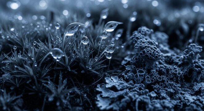 Dark blue macro shot of wet moss sprouts and lichen covered in large clear water droplets