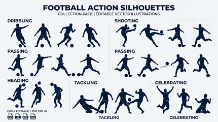 Athletic soccer player silhouettes performing various game actions including shooting and dribbling for sports design © john