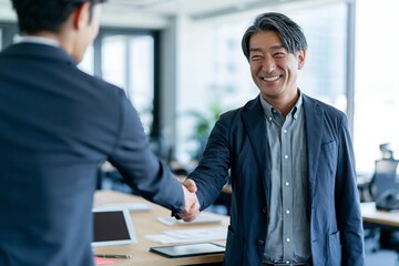 Fototapeta premium 現代オフィスで笑顔の日本人ビジネスマンが握手する場面