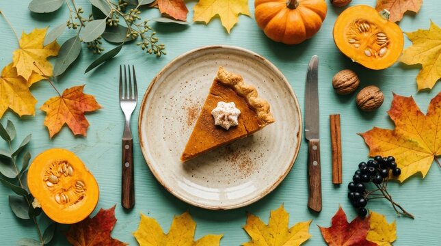 Thanksgiving day pumpkin pie festive autumn dessert with fall foliage and seasonal decor
