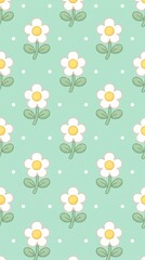Cute daisy flower seamless pattern with polka dots on pastel mint green background