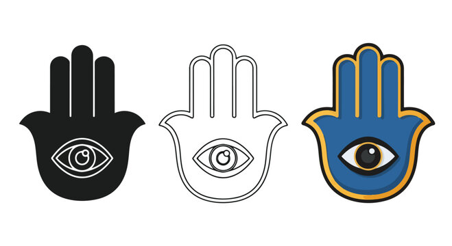 Three stylized Hamsa hand symbols each featuring a central eye in black outline and blue variations.