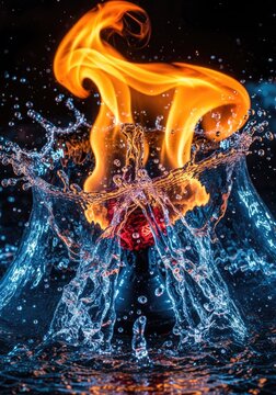 Central fire flame erupting from blue water crown.